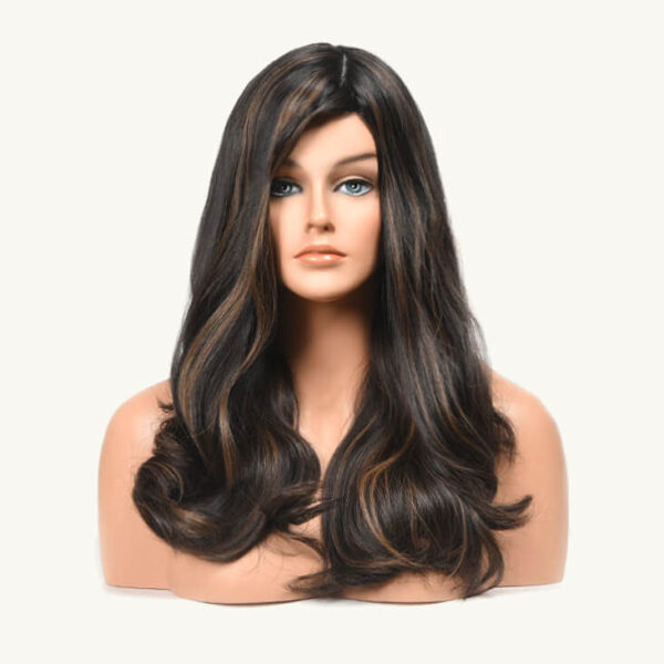 long black wave sheitel wigs with brown highlight j027