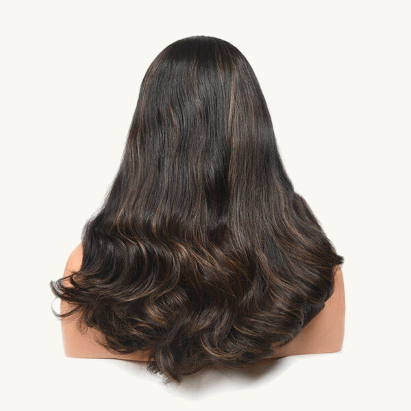 long black wave sheitel wigs with brown highlight j027