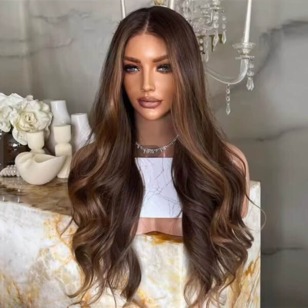 long brown with highlight wave wigs for women j031