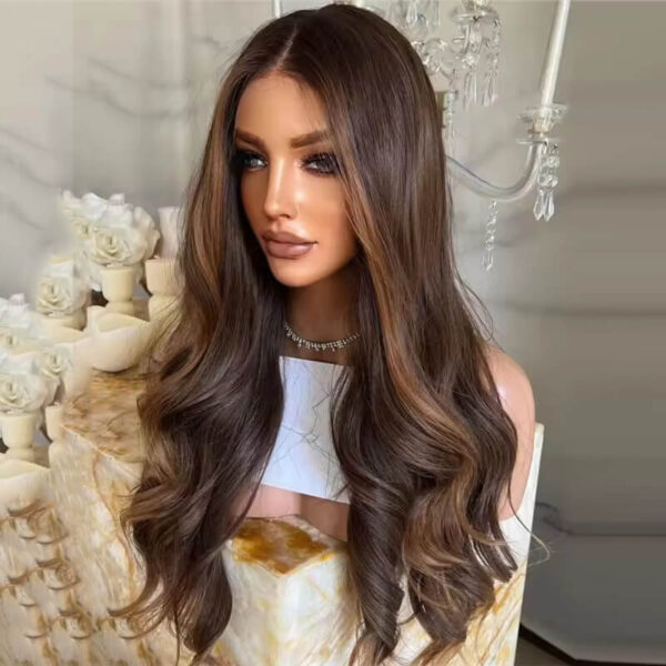 long brown with highlight wave wigs for women j031