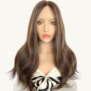 medium brown highlight natural wave lace top wigs j042