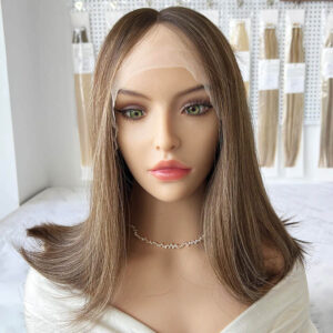 14 inch virgin hair lace top wigs brown hair with highlight j059